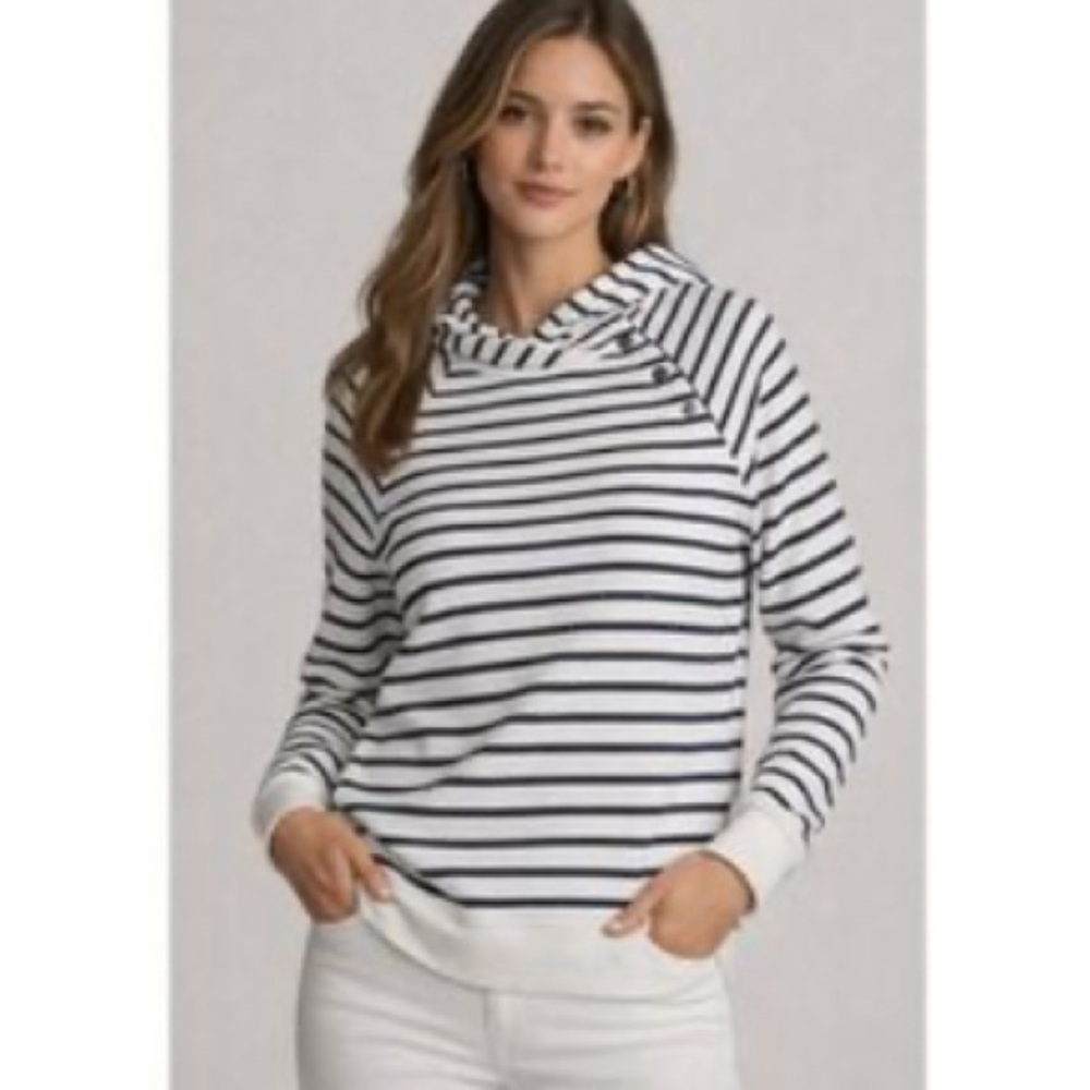 Lauren Ralph Lauren White and Black Striped Snaps-Neck Sweater with Hoodie SP
